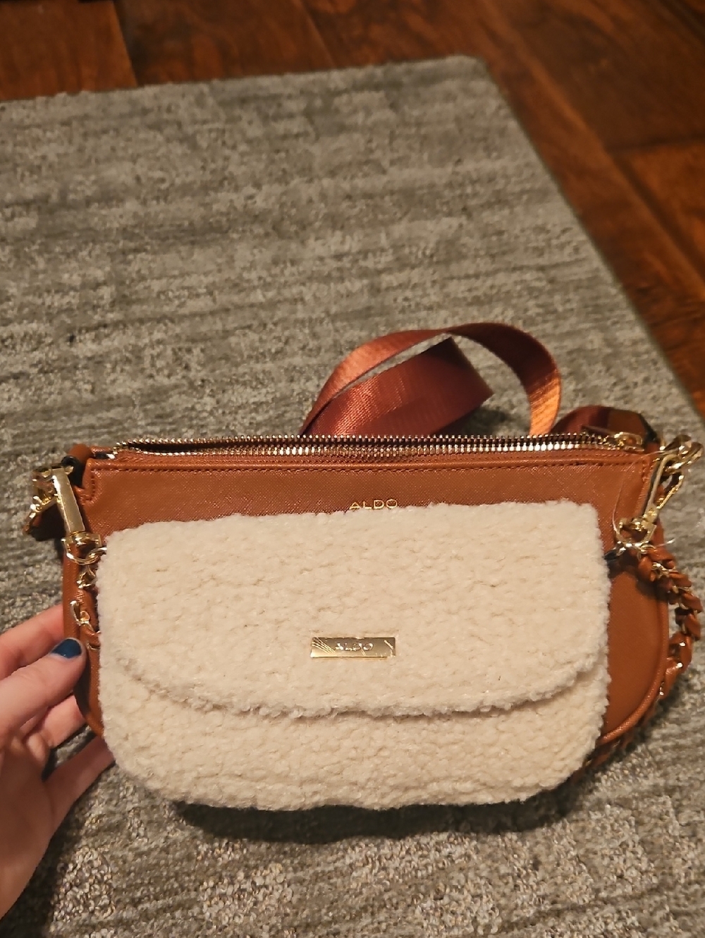 ALDO Cream and Brown Faux-Shearling Crossbody with Gold Hardware